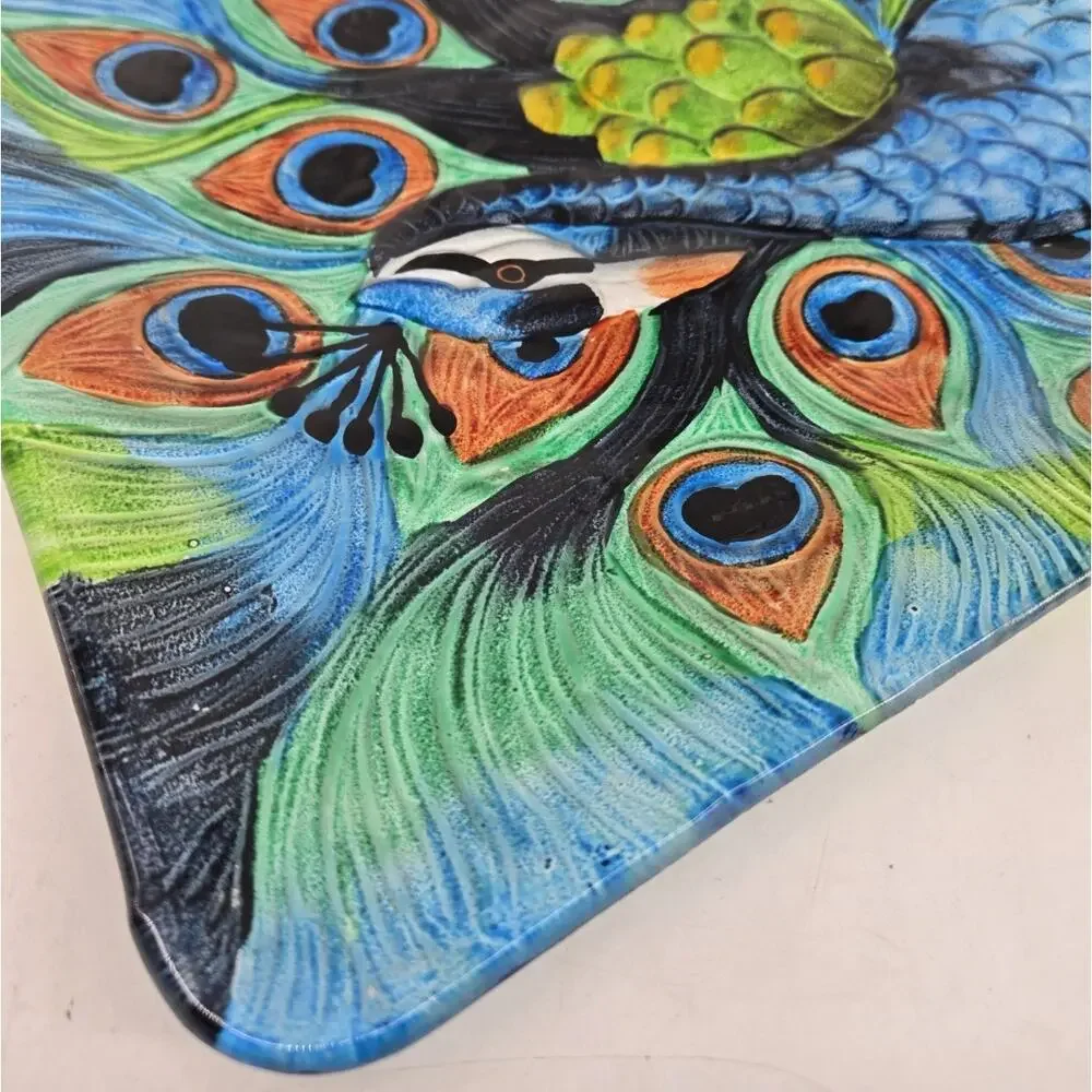 Hand Painted Peacock Plate Square Glass Beautiful Display Piece 12